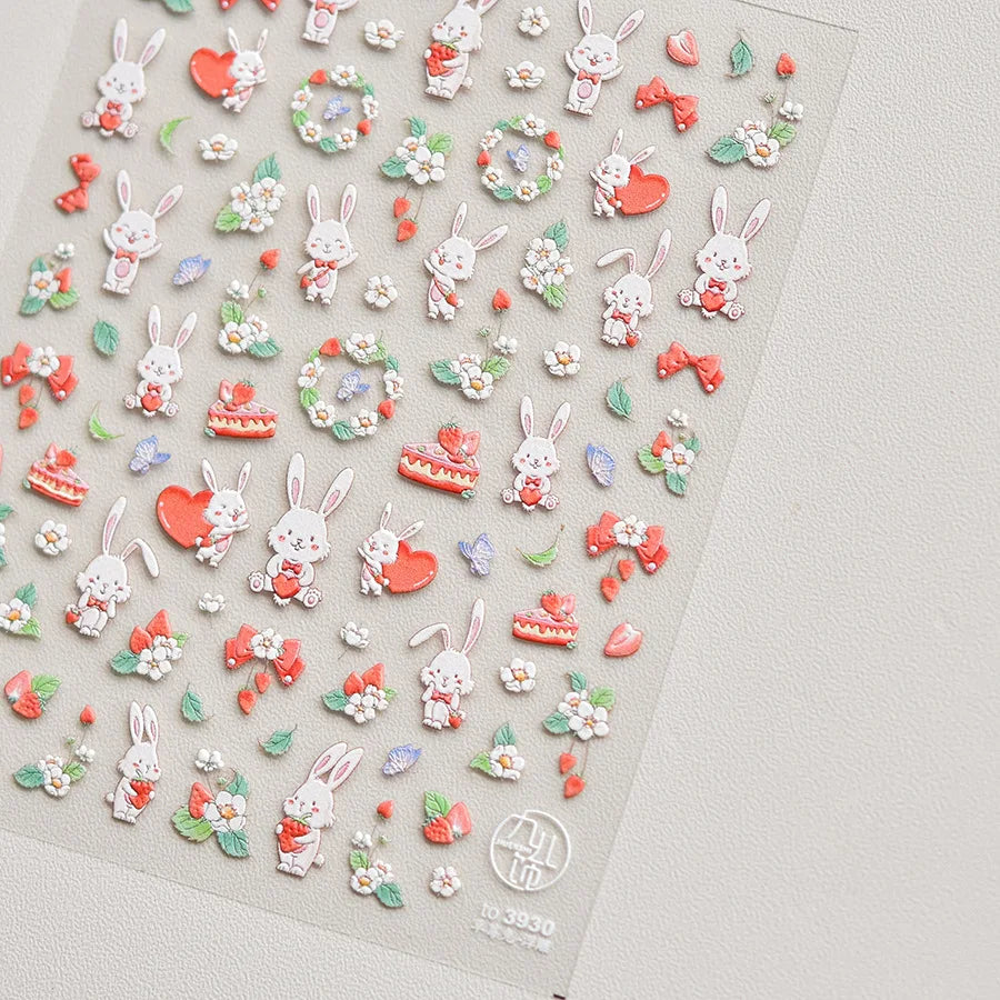 Cute Graffiti Lines Nail Art Stickers 5D Embossed Butterfly Rabbit Nail Art Accessory Stickers DIY Japanese Self Adhesive Decals