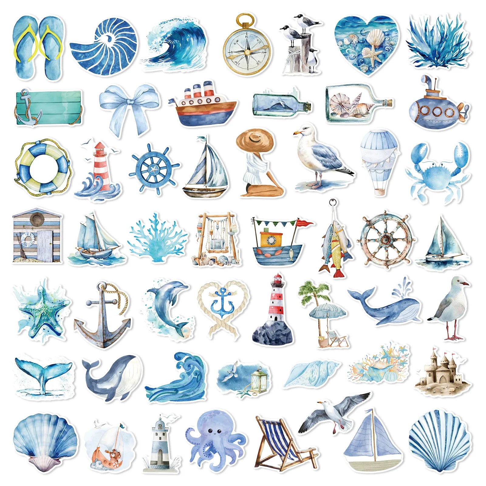 50pcs/pack New Hand Drawn Ocean Series Graffiti Stickers For Luggage Phone Guitar Water Cup Movable Stickers
