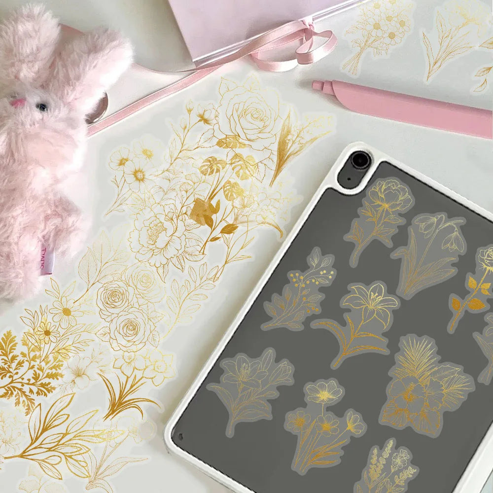 50PCS Golden Plant Series Decorative Fun PET Stickers Decorative Materials DIY Waterproof Tablet Computer Toy Stickers