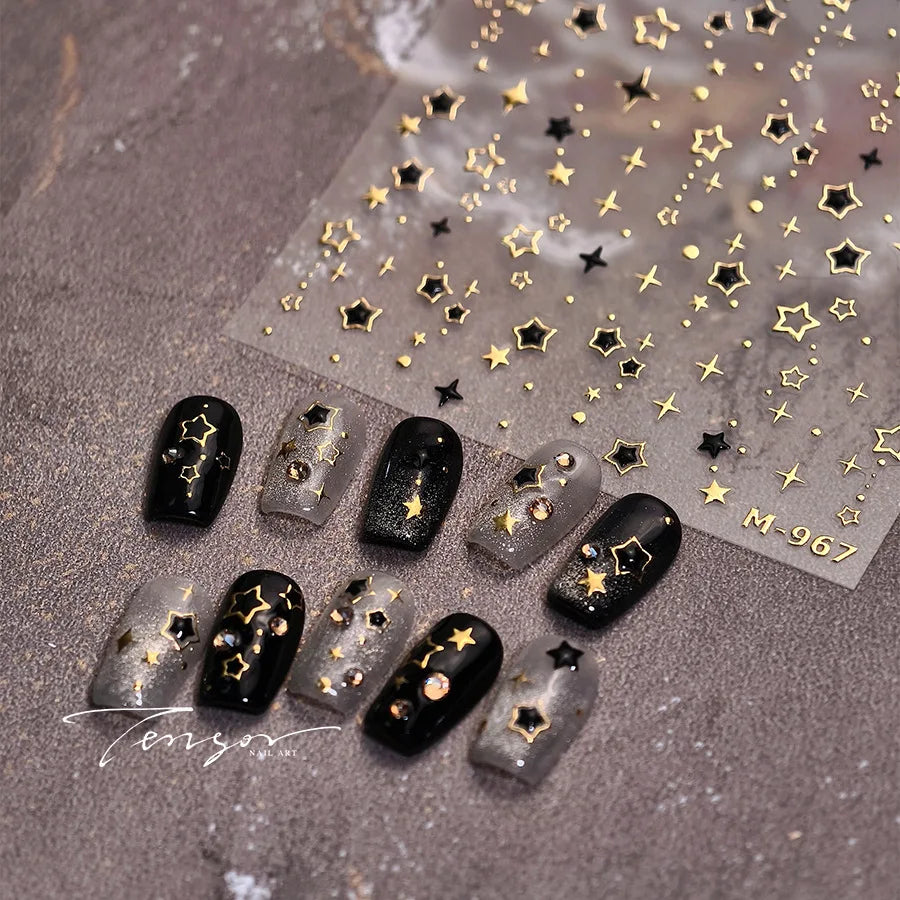 5D Luxury Star Nail Stickers Shiny Stars Black Silver Nail Decals Gilding Hollow Out Five-Pointed Nail Art Design Decorat Slider