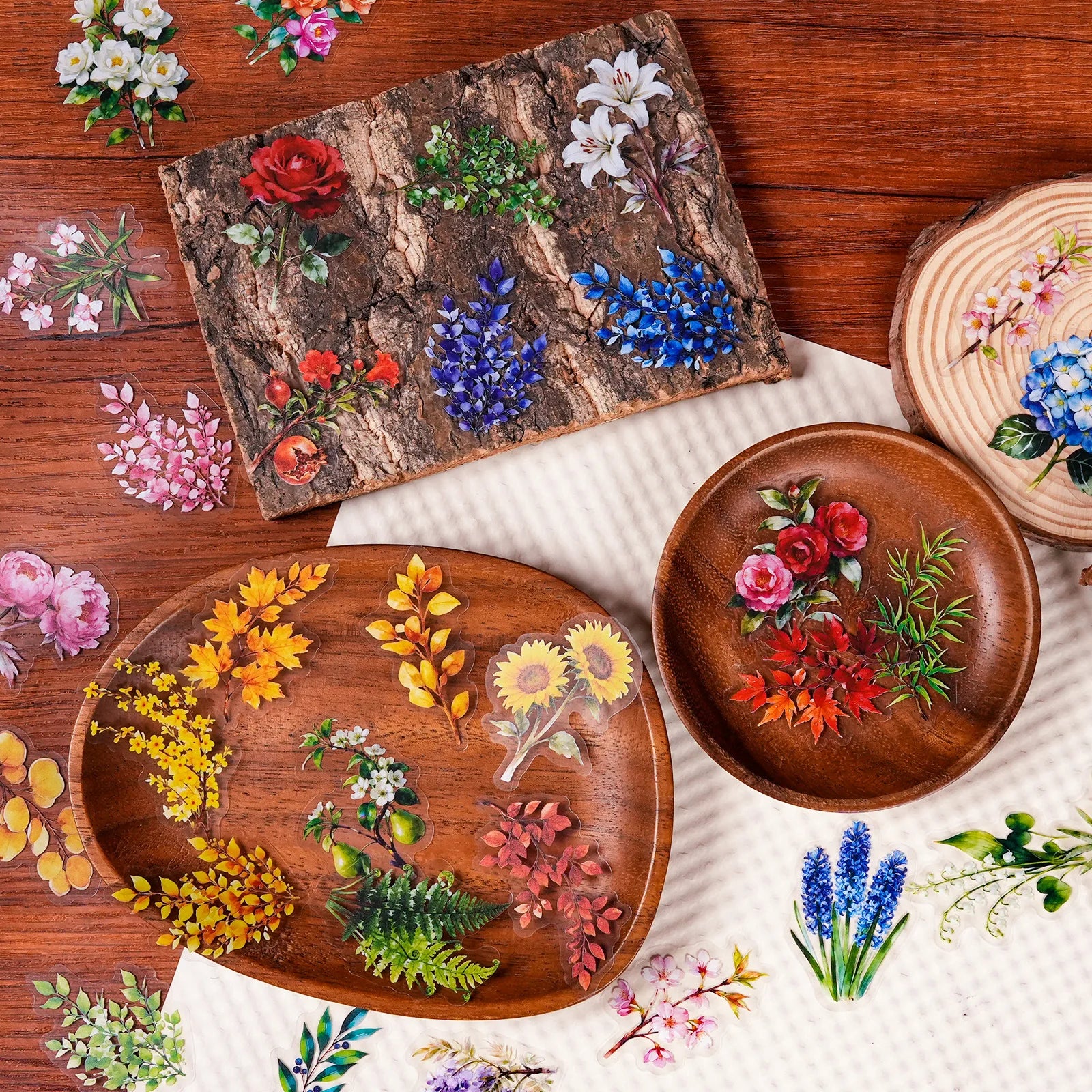 56/112 Pcs Vintage Colorful Floral PET Clear Waterproof Stickers for Decor Stationery Box Vase Drawer Storage Box Notebook