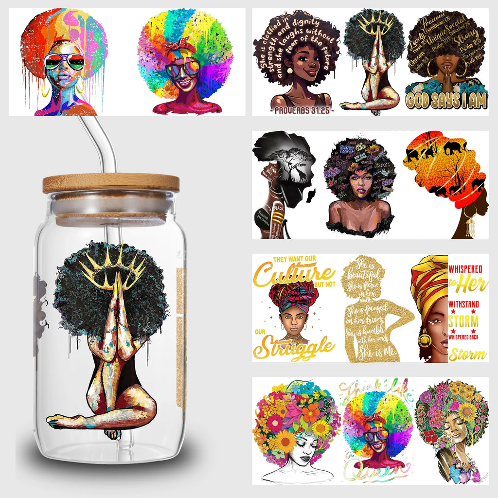 5 Sheets Queen UV DTF Cup Stickers, DTF Friction Transfer Stickers, Waterproof Black Girl Transfer Stickers