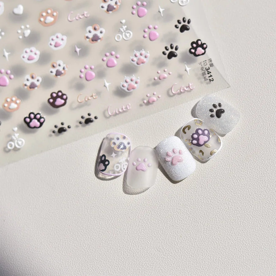Nail Stickers Cat Cute Jelly Pink Cat Paw Cartoon 5D Embossed Relief Self Adhesive Nail Art Sticker 3D Manicure Decals DIY Parts
