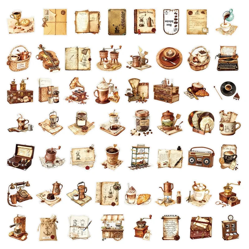 56PCS Vintage Coffee PET Phone Sticker Aesthetic Tear Open Decoration DIY Colored Laptop Luggage Graffiti Decals