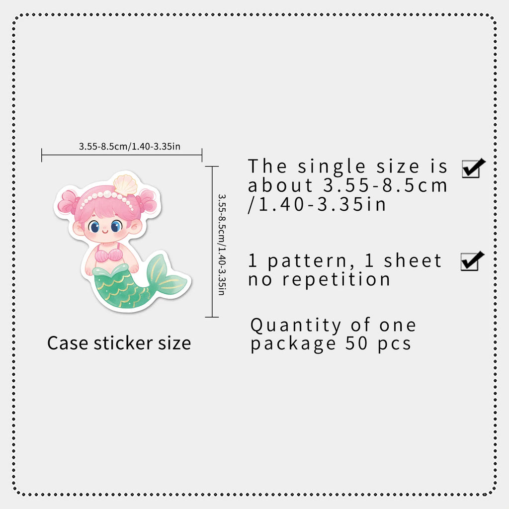 50pcs Cute Fairy Tale Mermaid Doodle Stickers for Phone Guitar Helmet Toy Notebook Stationery
