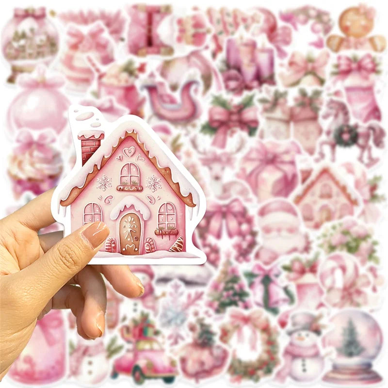 10/30/50PCS Cute Pink Christmas PVC Sticky Sticker Aesthetic DIY Decoration Scrapbooking Children's School Supplies