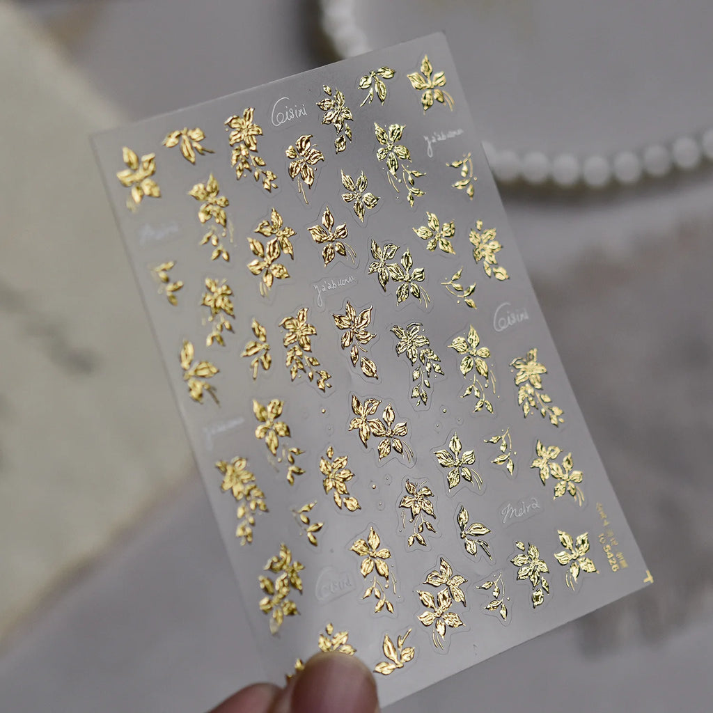 Luxury Metal Hand Painting Nail  Stickers Gold Silver Flowers Nail 3D Decorations Sticker DIY Adhesive Manicure Accessory Decals