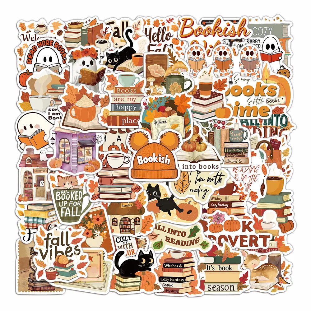 50PCS Book Scroll Autumn Graffiti Stickers Cartoon Cute Ghost Book Graffiti DIY Manual Tags Book Scroll Notebook Stickers