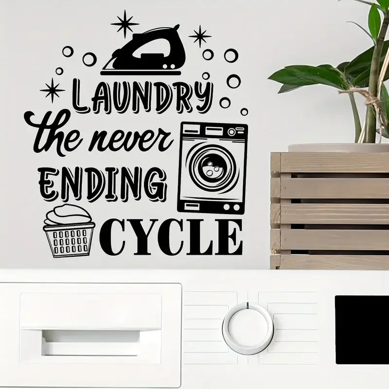 1pc Black and White Laundry Machine Sticker - Self-Adhesive, Removable Vinyl Decal with Humorous "LAUNDRY THE NEVER-ENDING CYCLE