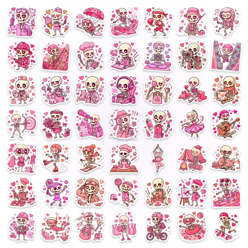 50/100 Pcs Pink Valentine Fun Skull Stickers Funny Heart Skeleton Waterproof DIY for Cup Phone Laptop Diary Helmet Decals