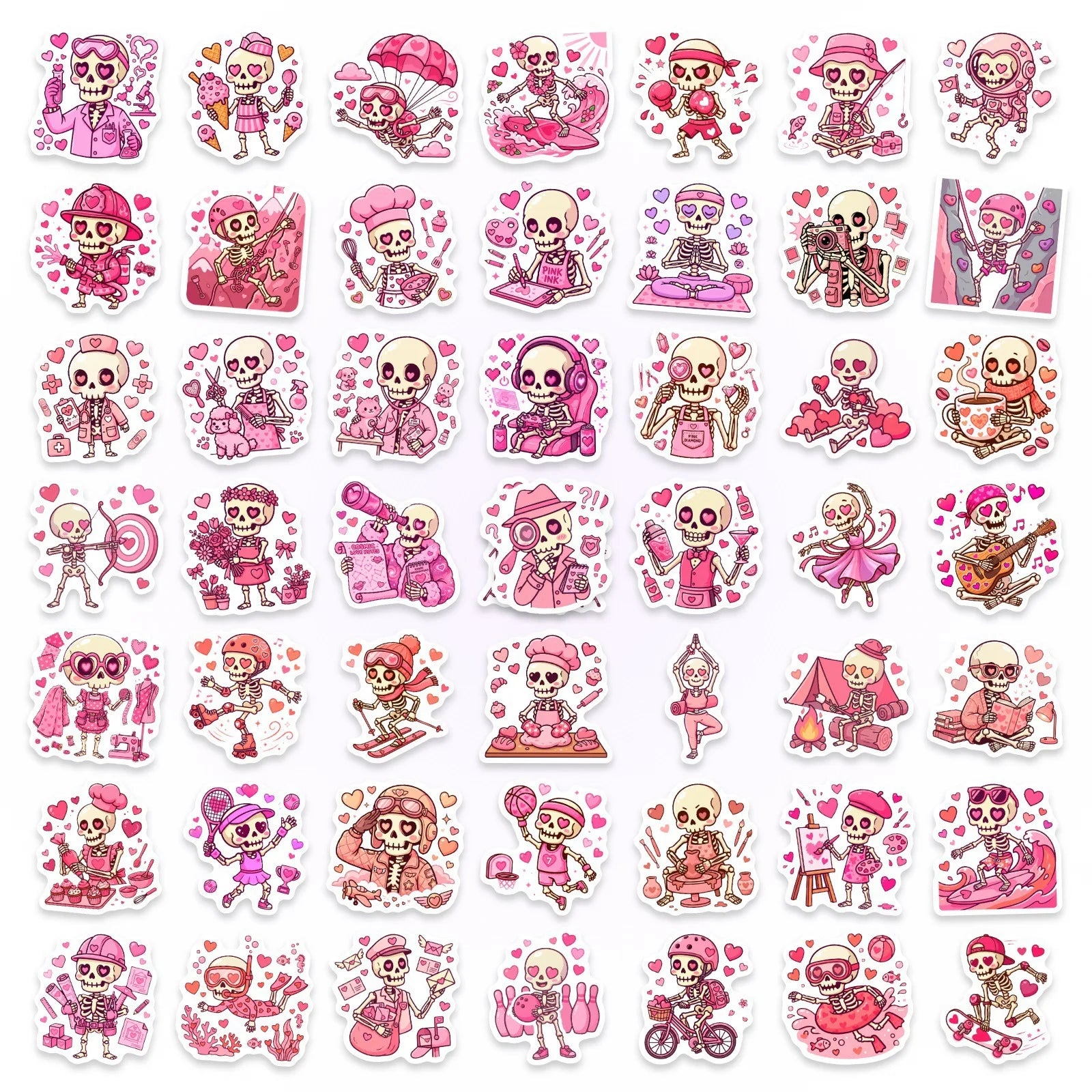 50/100 Pcs Pink Valentine Fun Skull Stickers Funny Heart Skeleton Waterproof DIY for Cup Phone Laptop Diary Helmet Decals