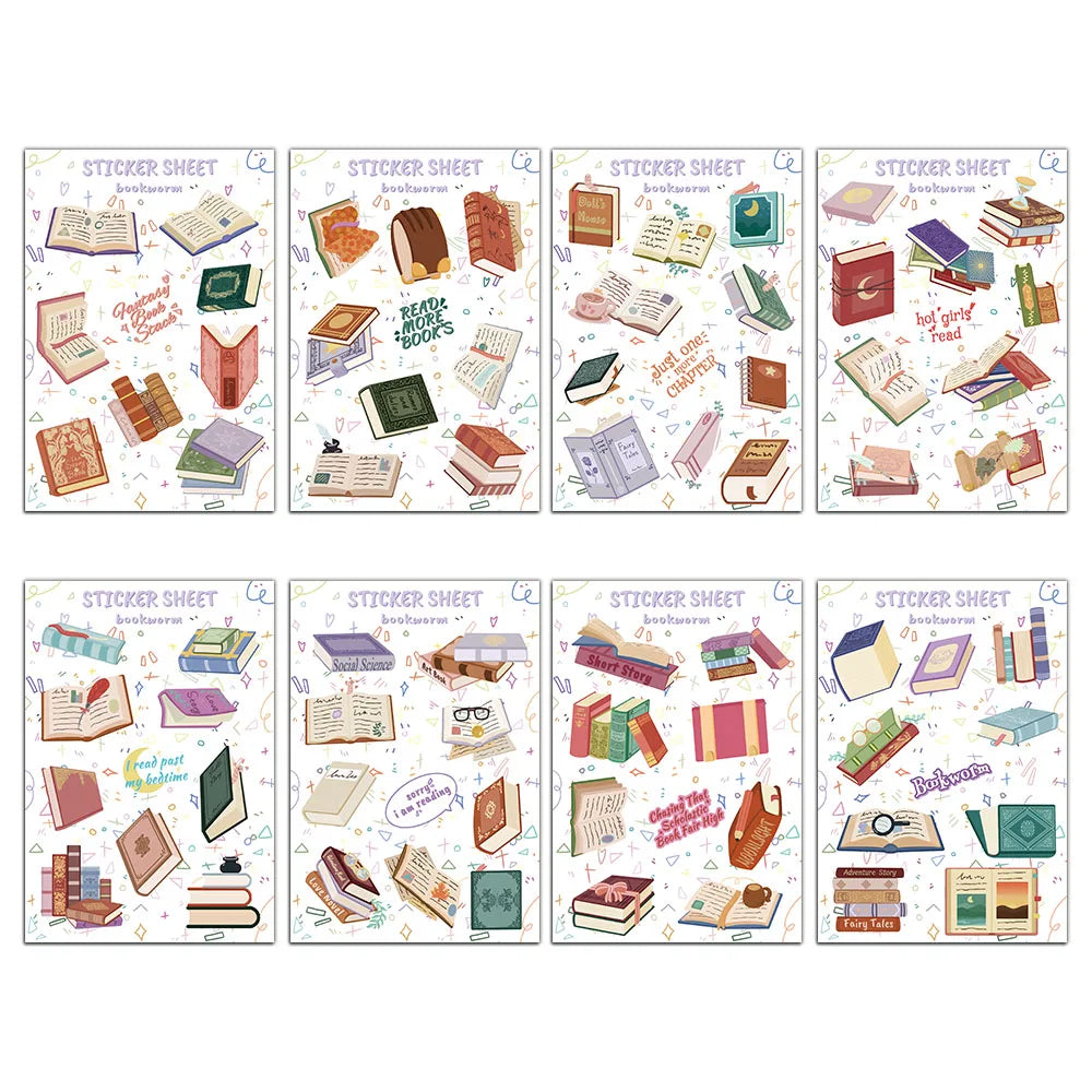 8/16Pcs Bookworm Landscape Sticker Retro Cartoon Harajuku Luggage Aesthetic Bicycle DIY Stationery Notebook Landscape Sticker