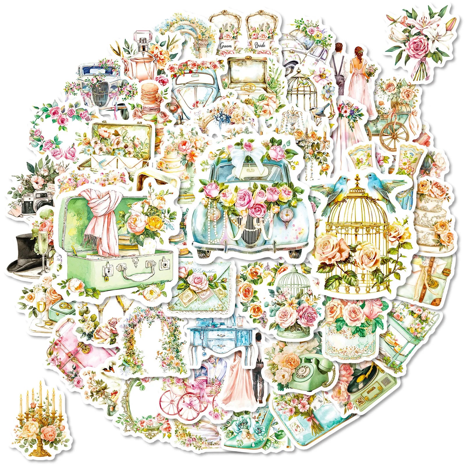 56PCS Vintage Wedding Flower Stickers Gift Box Party Decoration Stationery Notebook Suitcase Fridge DIY Aesthetic Decal Sticker