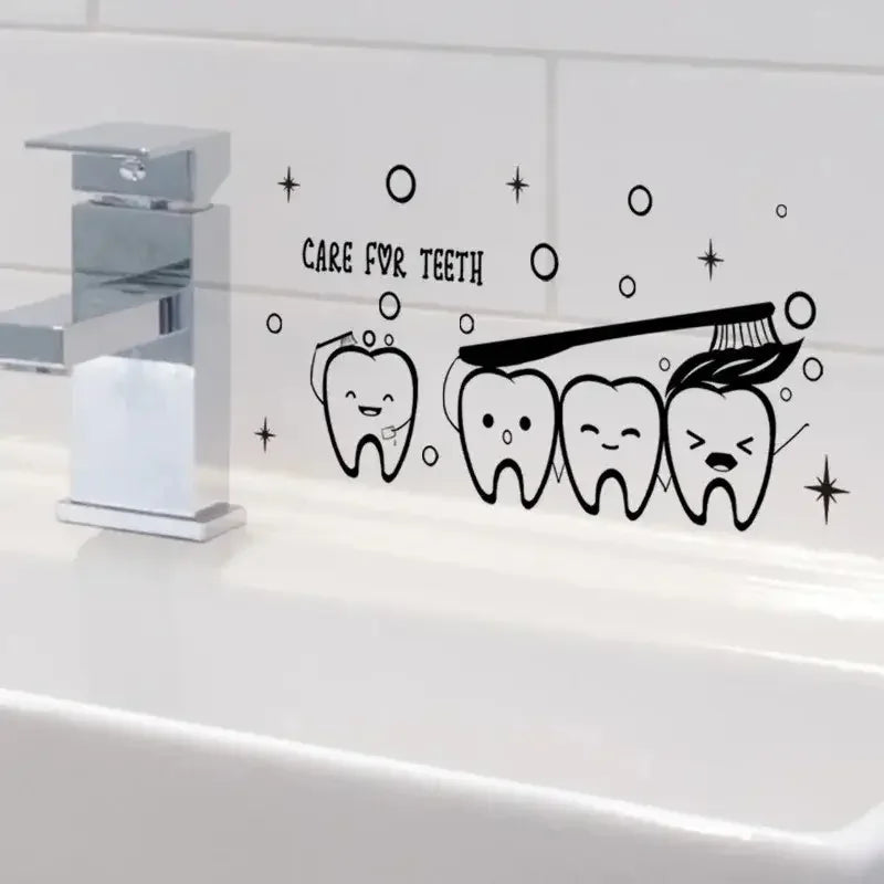 Care for Teeth Cartoon Tooth Vinyl Wall Decal - Waterproof Self-Adhesive Bathroom & Kids Room Decor, Educational Dental Hygiene