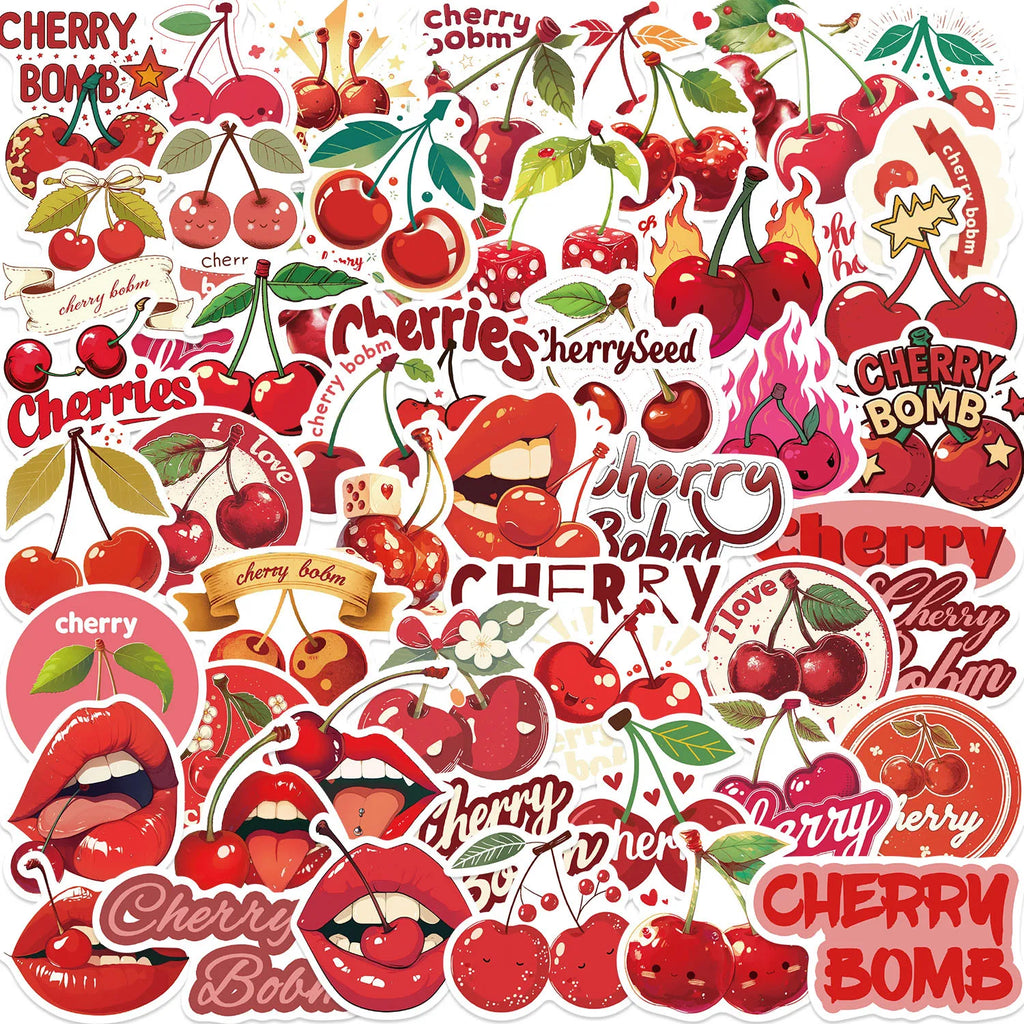 50PCS Red Cartoon Cherry Small Mouth Graffiti Stickers Decorative Guitar Notebook Luggage DIY Waterproof Stickers