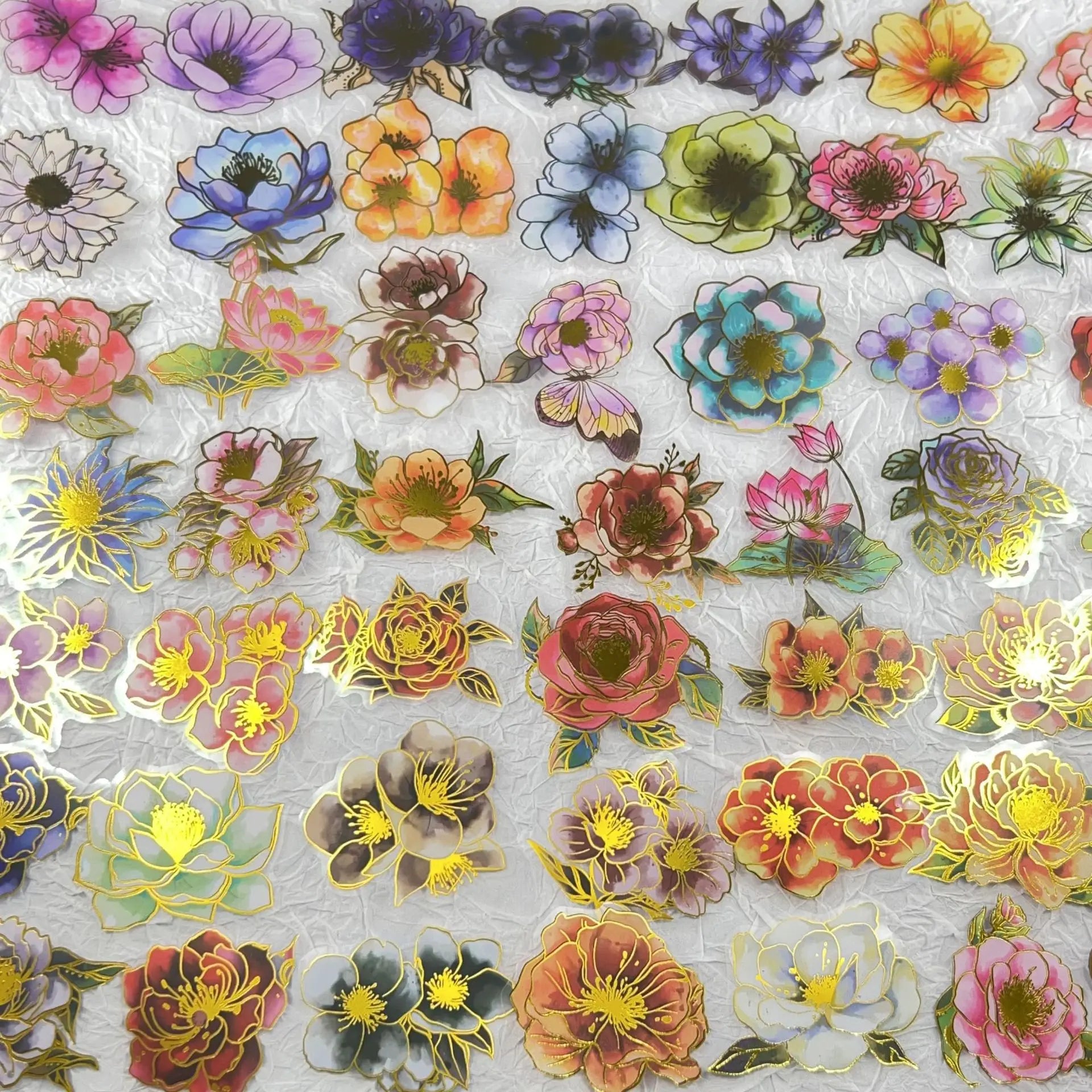 50/100 Pcs Exquisite Art Gold Foil Floral Plastic PET Clear Waterproof Stickers for Phone Laptop File Holder Suitcase Headphone