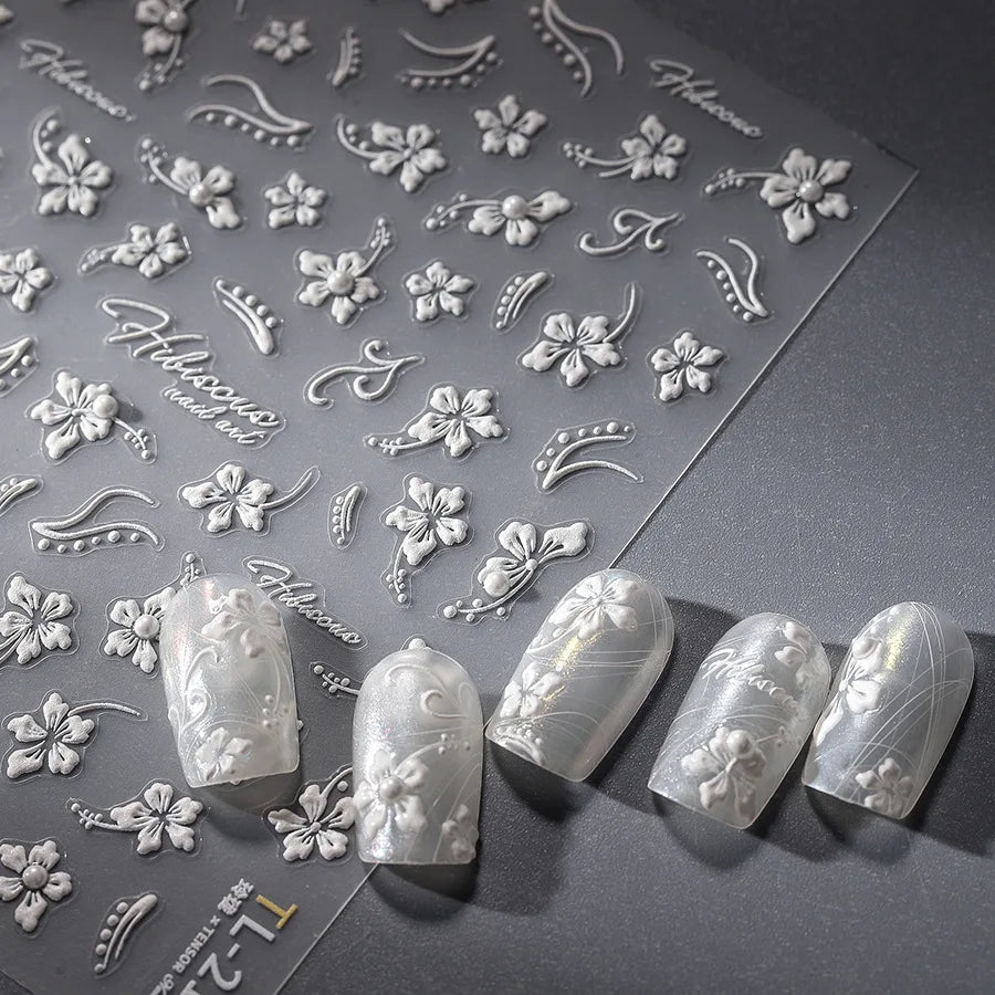 Classic White Flowers Nail Charms Stickers 5D Embossed Pearls Flowers Ribbon Design Nail Art Stickers DIY 3D Manicure Decoration