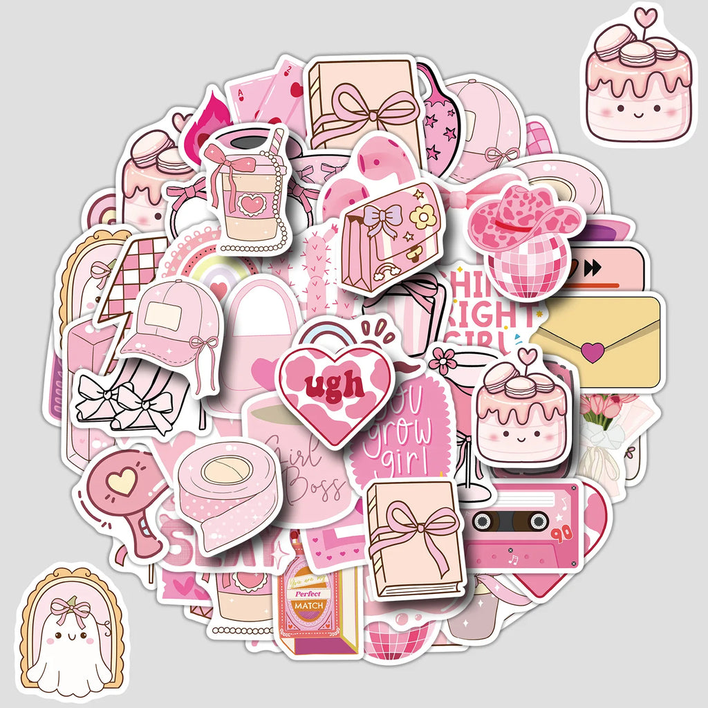 50-Pack Cute Pink Doodle Stickers Water Bottles Laptops Creative Stationery Notebook Waterproof Decor Stickers