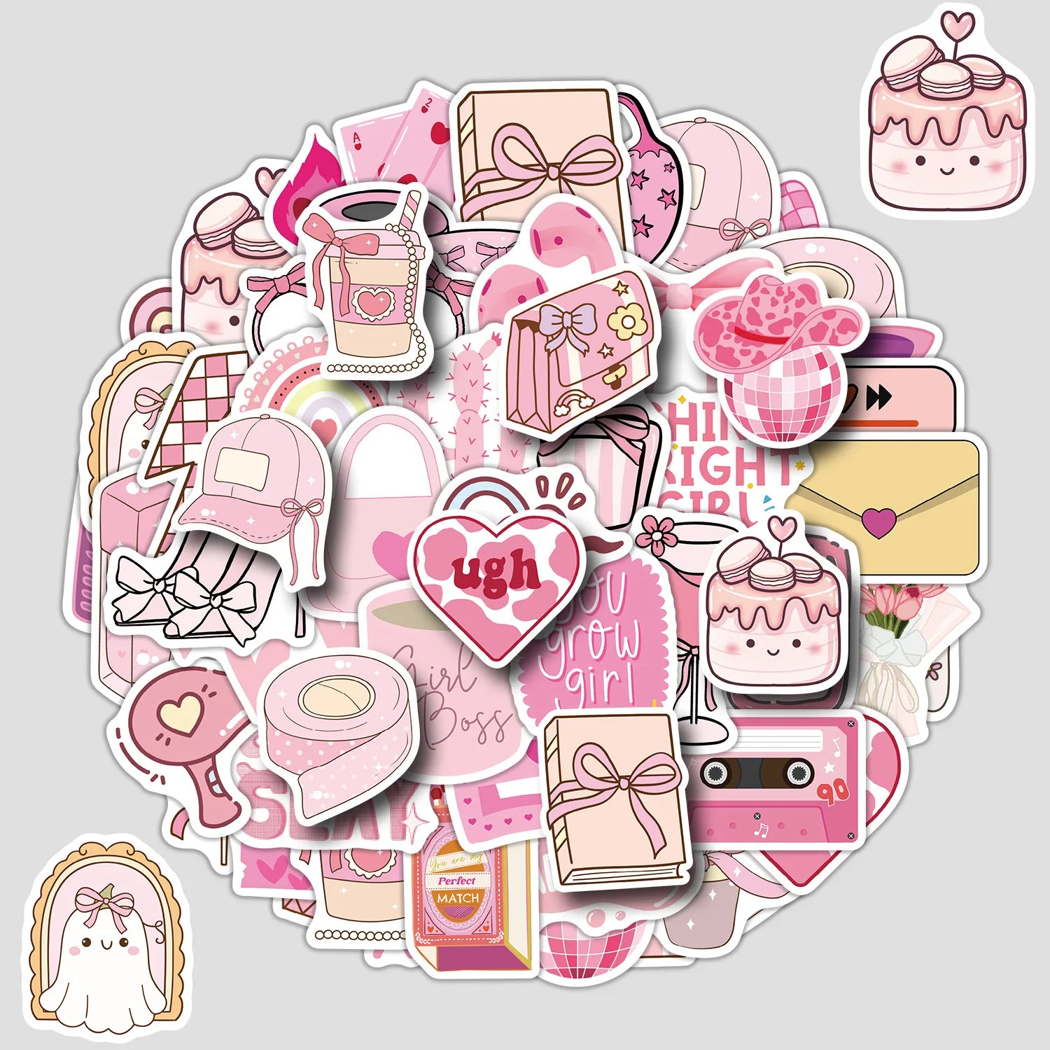 50-Pack Cute Pink Doodle Stickers Water Bottles Laptops Creative Stationery Notebook Waterproof Decor Stickers