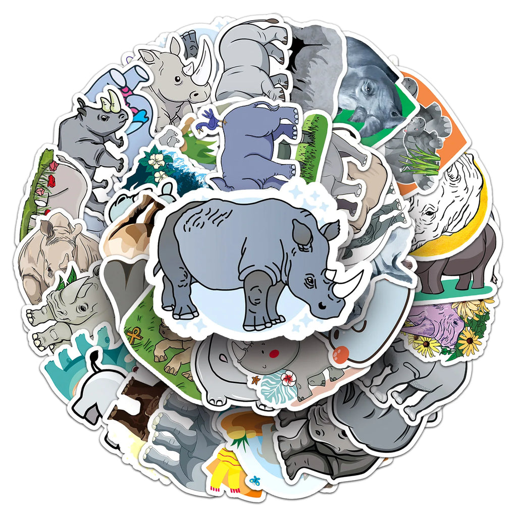 50-Pack Waterproof Rhino Cartoon Animal Graffiti Stickers for DIY Notebook Mobile Phone Luggage Decoration