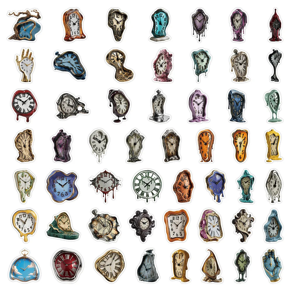 50-Pack Melted Cartoon Clock Stickers DIY Decorative Decals for Phone Tablet Guitar Water Cup Helmet Notebook