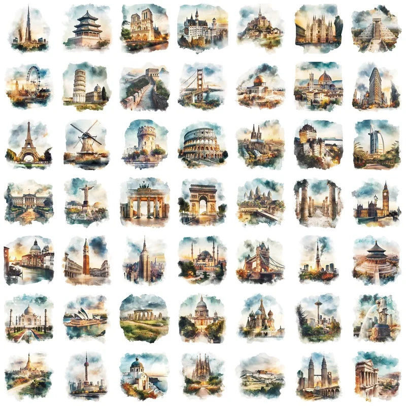 50PCS World Architecture PET Sticky Sticker Aesthetic Tear Open Decoration Scrapbooking Stationery Supplies for Kids