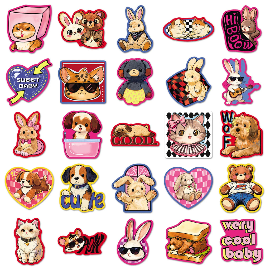 50Pcs Trendy Retro Cartoon Animal Stickers Stationery Notebook Phone Cup Guitar Fridge Luggage DIY Decor Cool Waterproof Sticker