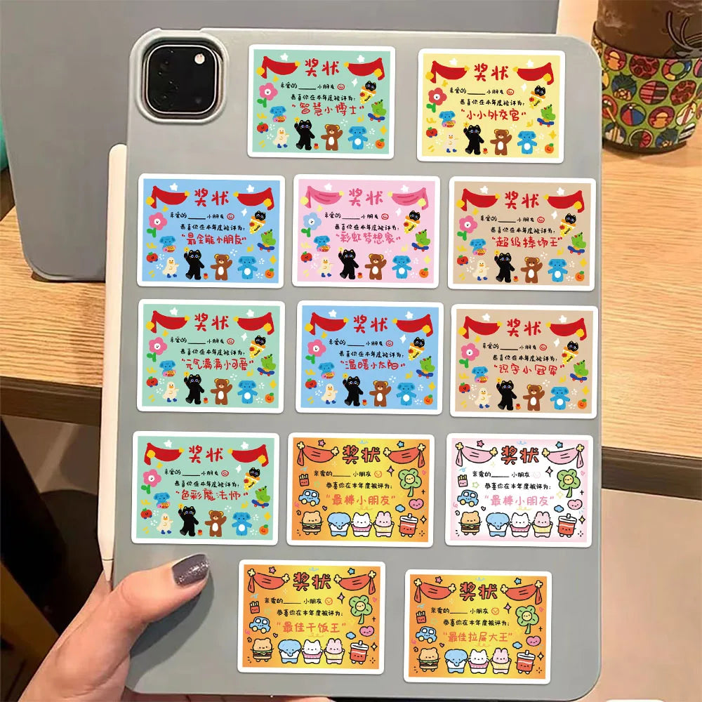 50PCS Cute Cartoon Certificate Creative Fun Stickers DIY Handmade Audio Decoration Luggage Notebook Label Reward Stickers
