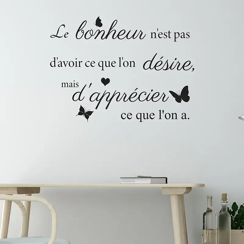 Self-Adhesive Removable Black French Calligraphy Wall Decal "Happiness is Appreciating What You Have" - Elegant PVC Sticker Suit