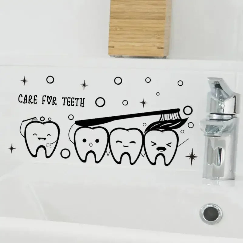 Care for Teeth Cartoon Tooth Vinyl Wall Decal - Waterproof Self-Adhesive Bathroom & Kids Room Decor, Educational Dental Hygiene