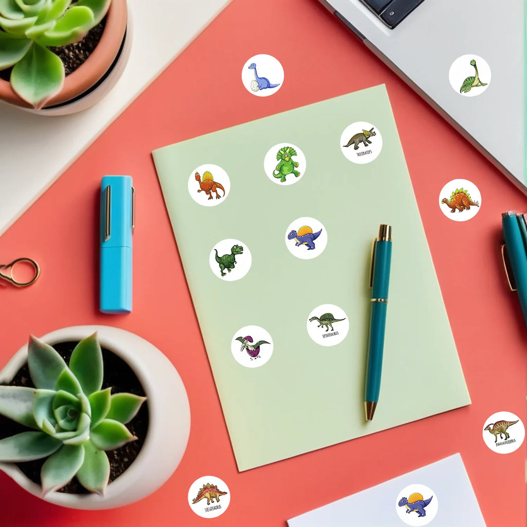 1Roll(500pcs) 1'' Round Cartoon Dinosaurs Stickers for Kids Teacher Reward School Supplies Animal Incentive Home Decor
