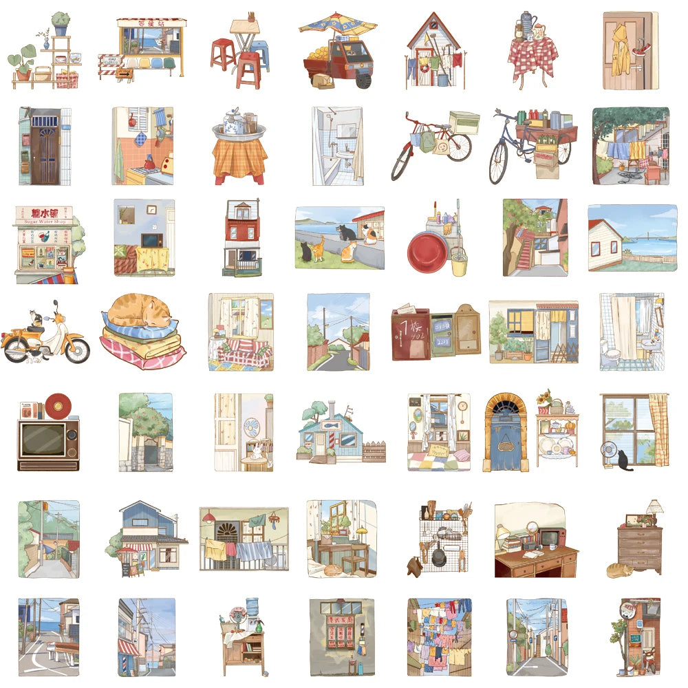50/100PCS Alley Houses Sticker Landscape Waterproof Home Decoration Laptop Luggage Harajuku Suitcase Notebook Sticker
