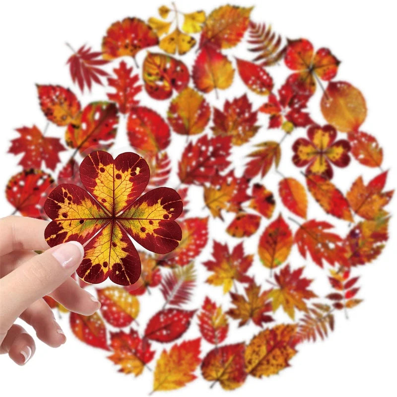 56PCS Red Leaf PET Sticky Sticker Aesthetic Tear Open DIY Decoration Scrapbooking School Stationery Supplies for Kids