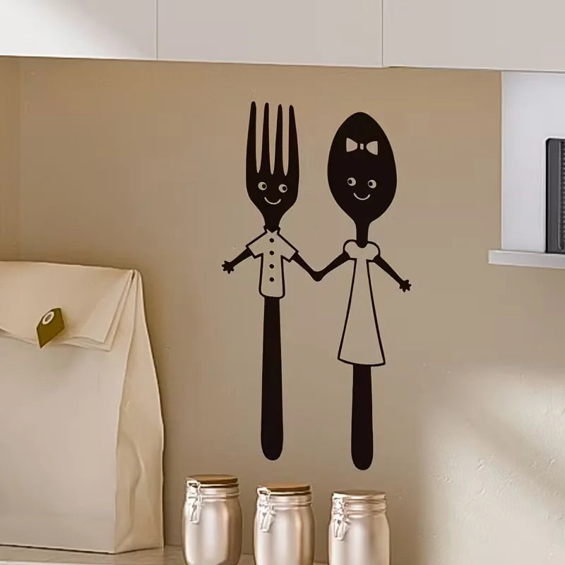 Cartoon Fork & Spoon Holding Hands Wall Decal - Self-Adhesive Removable PVC Sticker, Matte Finish Playful Kitchen Decor for Livi