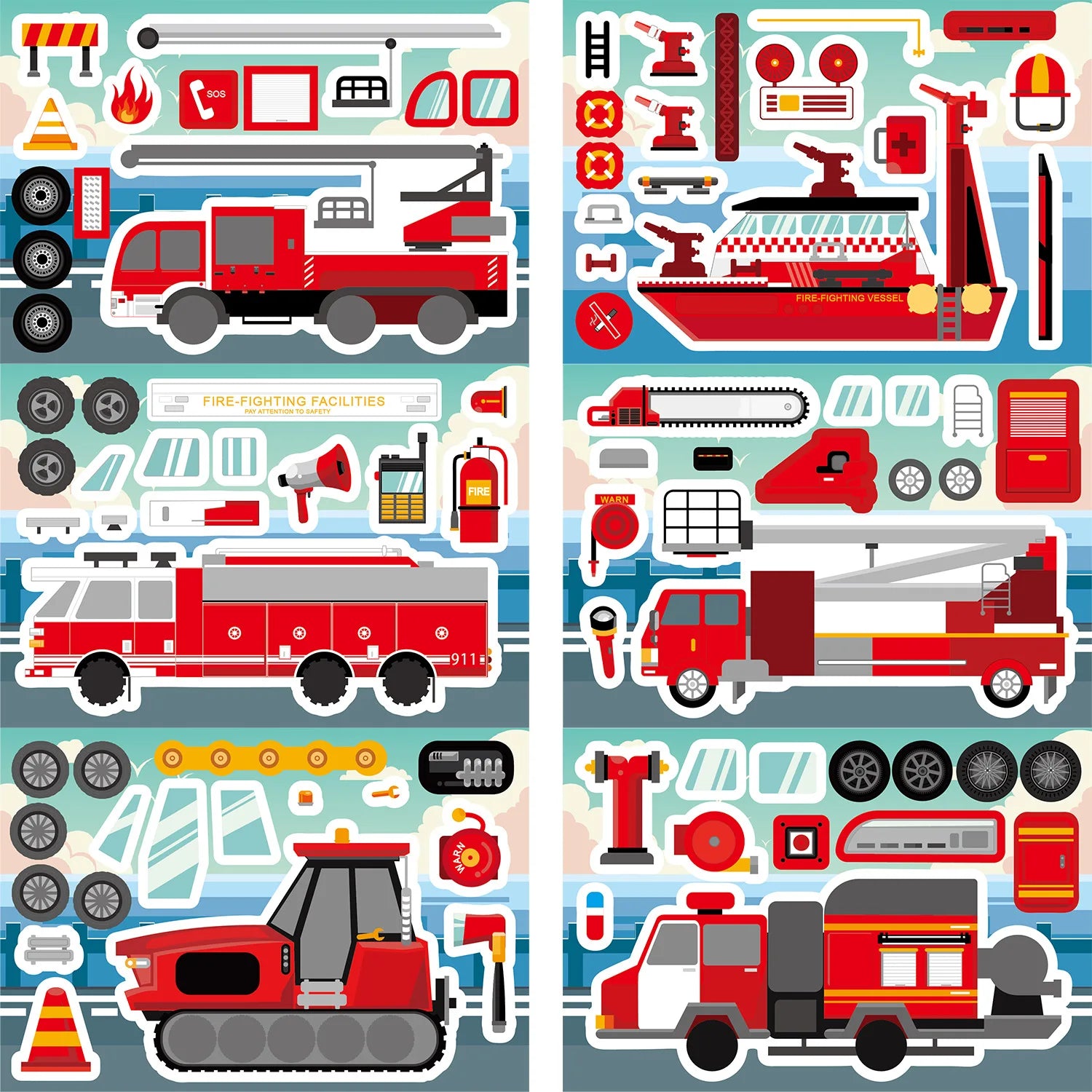 8/16/24PCS Fire Engineering Rescue Vehicle Stickers Creative DIY Hand Account Mobile Notebook Decorative Waterproof Stickers