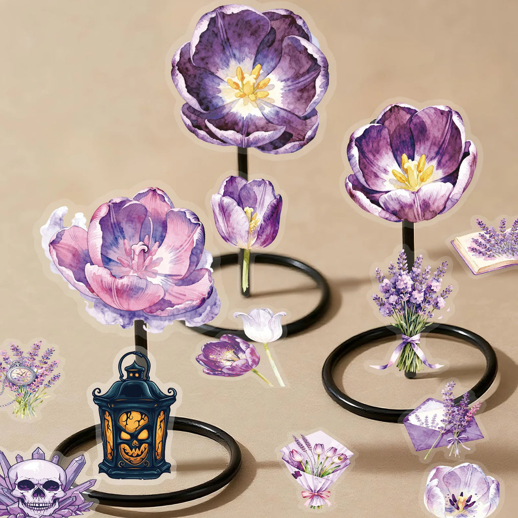 56Pcs Pack Purple Tulip PET Stickers Flower Aesthetic Decals for School Supplies Stationery Notebook Gift Box Fridge Luggage