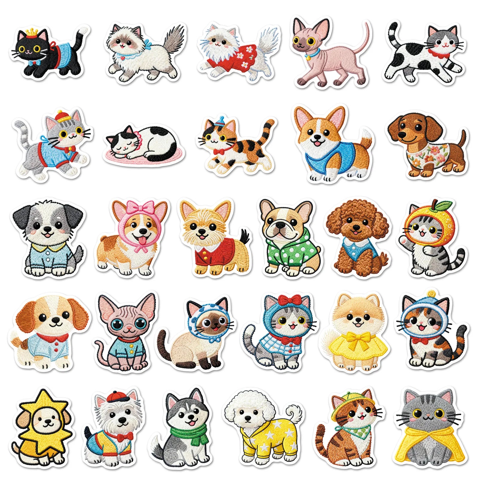 56Pcs Embroidered Style Cartoon Cat & Dog Doodle Stickers, Kawaii Pet Decals for Stationery Notebook Cup Phone Fridge Decor