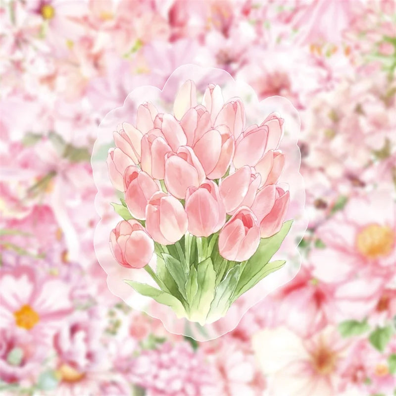 50PCS Cute Pink Flower PET Sticky Sticker Aesthetic Tear Open DIY Decoration Scrapbooking Stationery Supplies for Kids