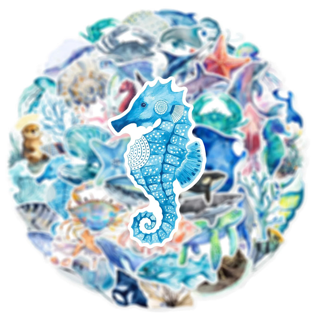 50pcs/pack New Hand Drawn Ocean Series Graffiti Stickers For Luggage Phone Guitar Water Cup Movable Stickers