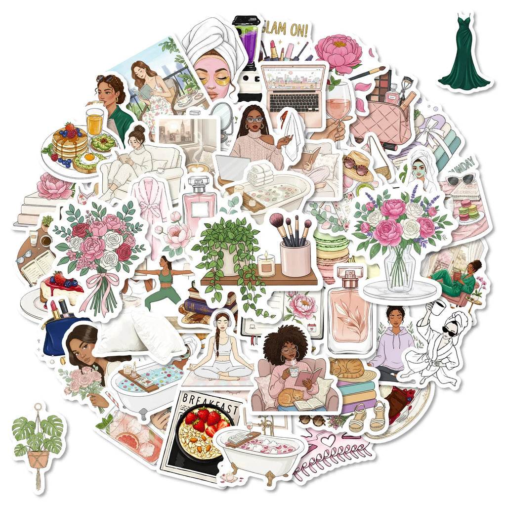 56PCS Elegant Women's Life Stickers Waterproof DIY Decals for Office Supplies Stationery Laptops Suitcases Fridge Notebook Decor