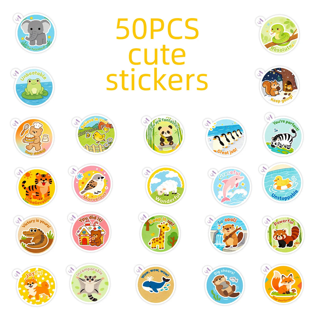 50PCS Cartoon Animal Easy-Tear Stickers Students Office Supplies Decor Decals Phones Fridges Kids Rewards Stickers