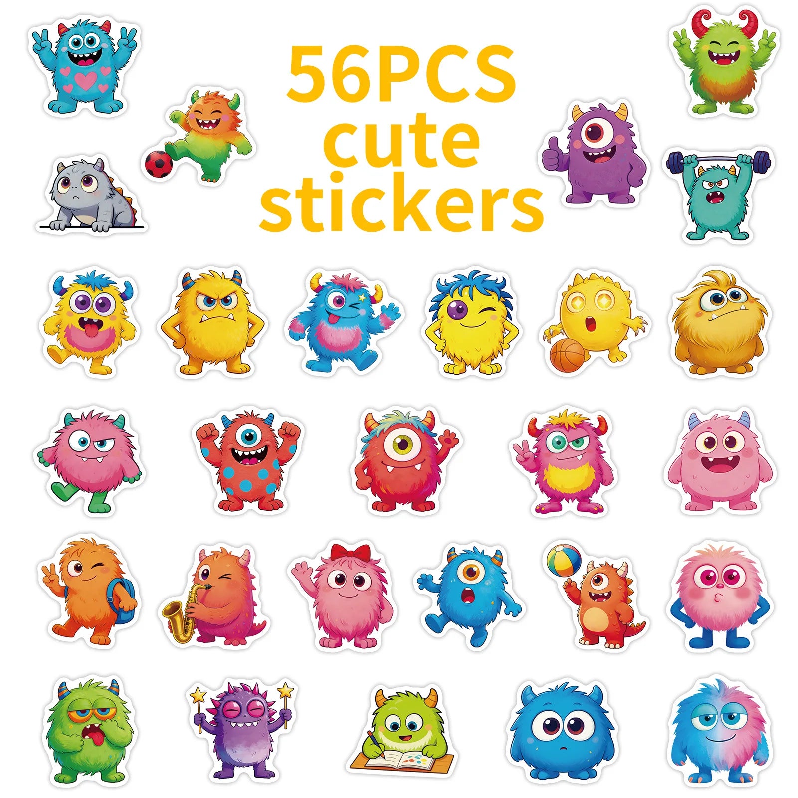 56Pcs Funny Monster Stickers Cute Expression Decals for Journal Diary School Supplies Craft Children's Stationery Reward Sticker