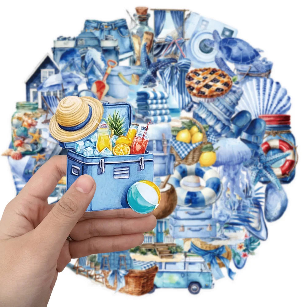 50PCS Summer Beach Blue Cartoon Decorative Stickers DIY Graffiti Skateboard Phone Case Tablet Decorative Toy Stickers