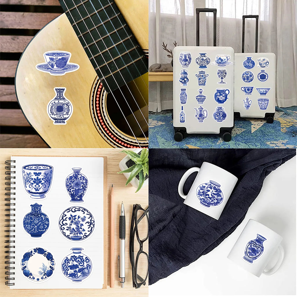 50PCS Cartoon Blue and White Porcelain Stickers Personalized Decoration Guitar Notebook Luggage DIY Waterproof Stickers