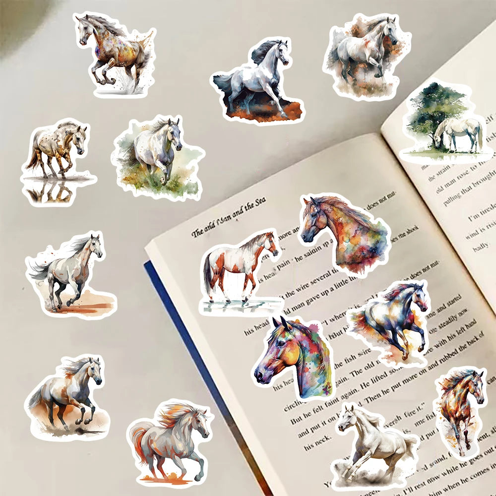 60PCS Dynamic Running Horse Sticker Oil Painting Horse Pattern Handmade Decoration Funny Landscaping Retro Animal Stickers