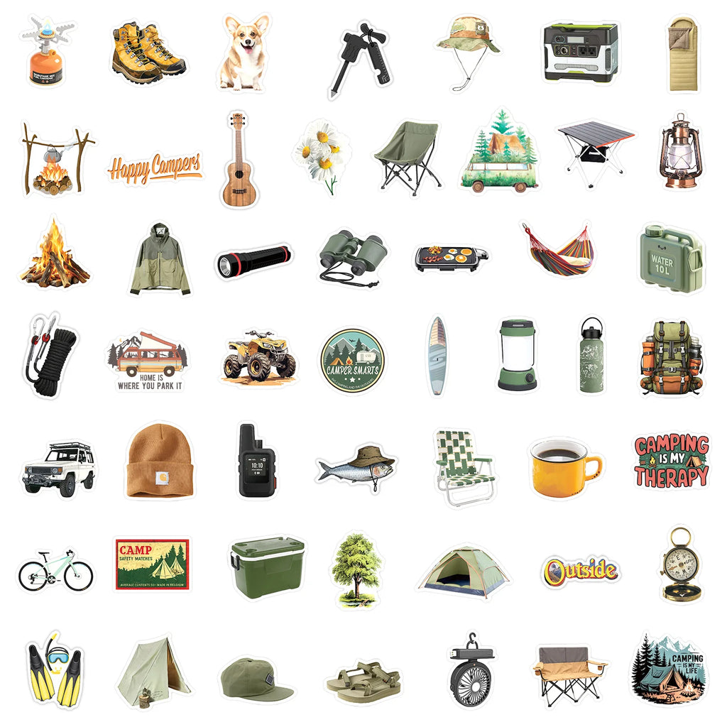 50/100 Pcs New Outdoor Camping Theme Stickers for Tent Car Phone Skate Cup Suitcase Guitar No Repeat Waterproof Decals