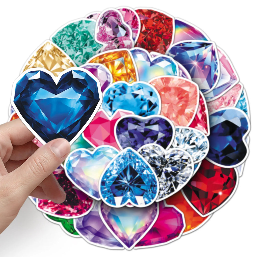 50PCS Glitter Heart Diamond Stickers, Colorful Cool Student Stationery Phone Notebook Cup DIY Waterproof Sticker