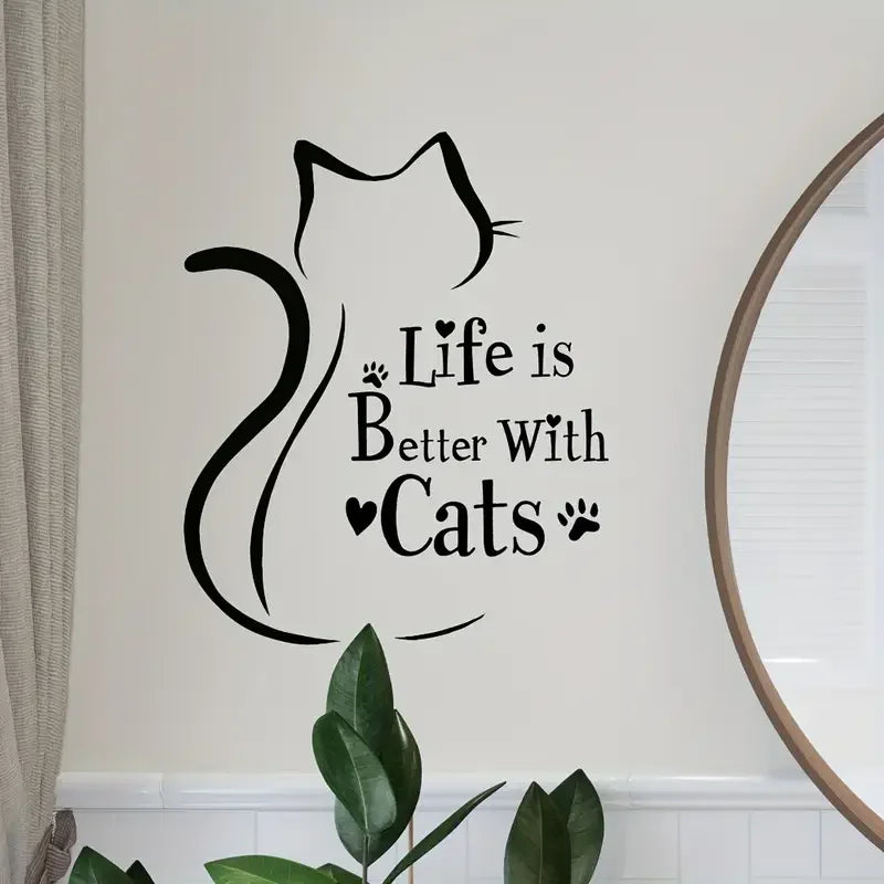 Self-Adhesive Cat Silhouette Wall Decal with "Life is Better with Cats" Quote - Modern Minimalist Animal Print Home Decor Sticke