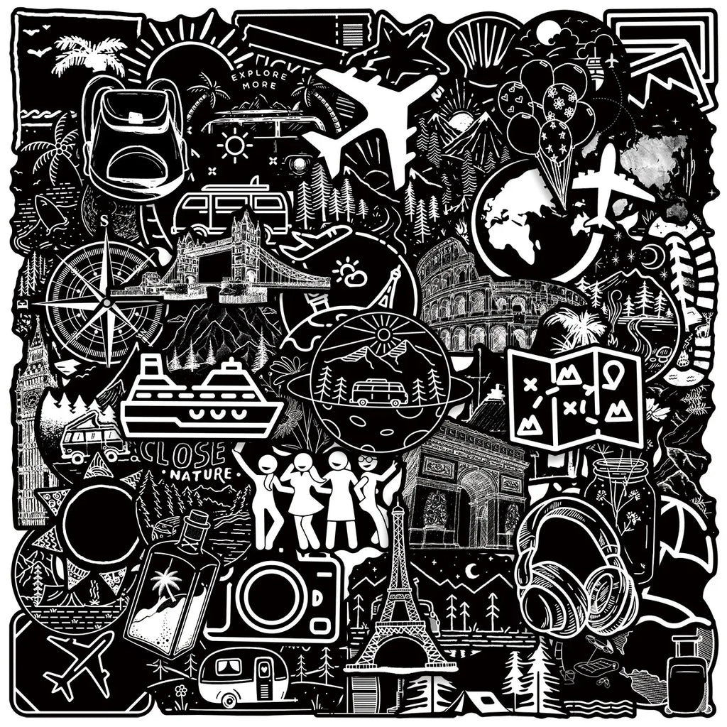 50PCS Black & White Outdoor Travel Cool Graffiti Stickers Decorative Phone Tablets Luggage Waterproof Sticker