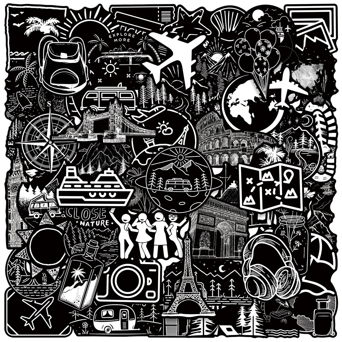 50PCS Black & White Outdoor Travel Cool Graffiti Stickers Decorative Phone Tablets Luggage Waterproof Sticker